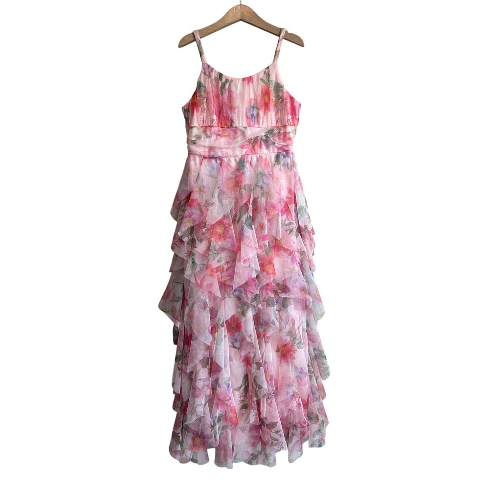 Rare Editions Big Girls' Sleeveless Glitter Floral Cascading Maxi Mesh Dress 8